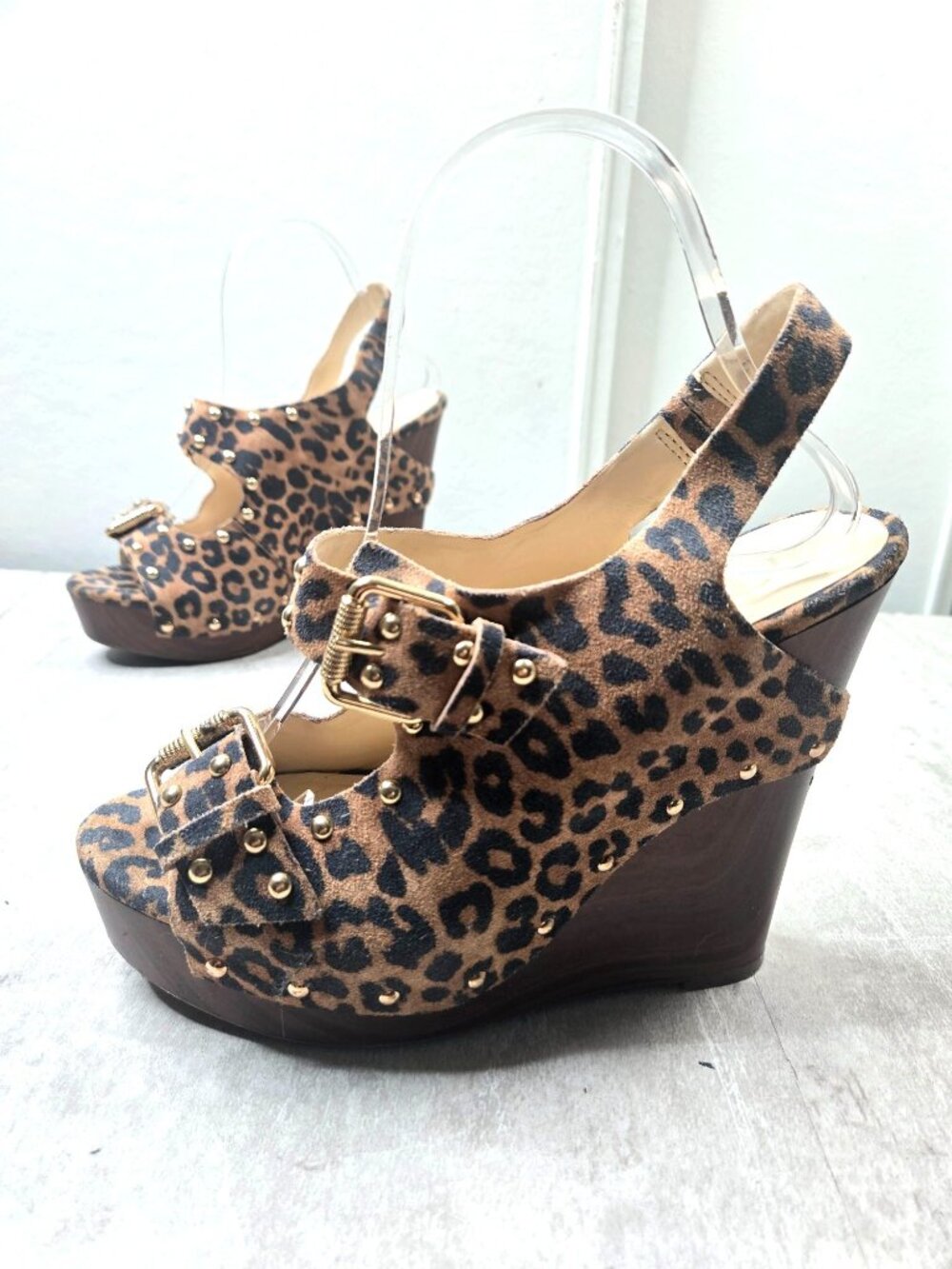 Platform Wedge Sandals 8.5 Leopard Print Peep Toe Studded Buckle Y2k Retro Glam - Picture 1 of 12